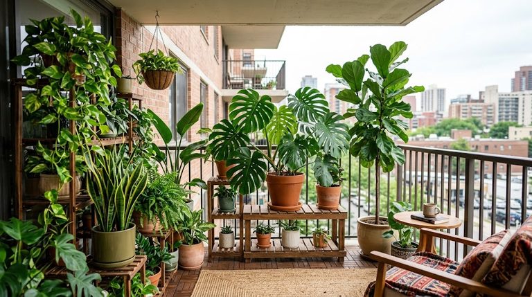 Tropical indoor plants for balconies in summer sitting on a shaded apartment patio