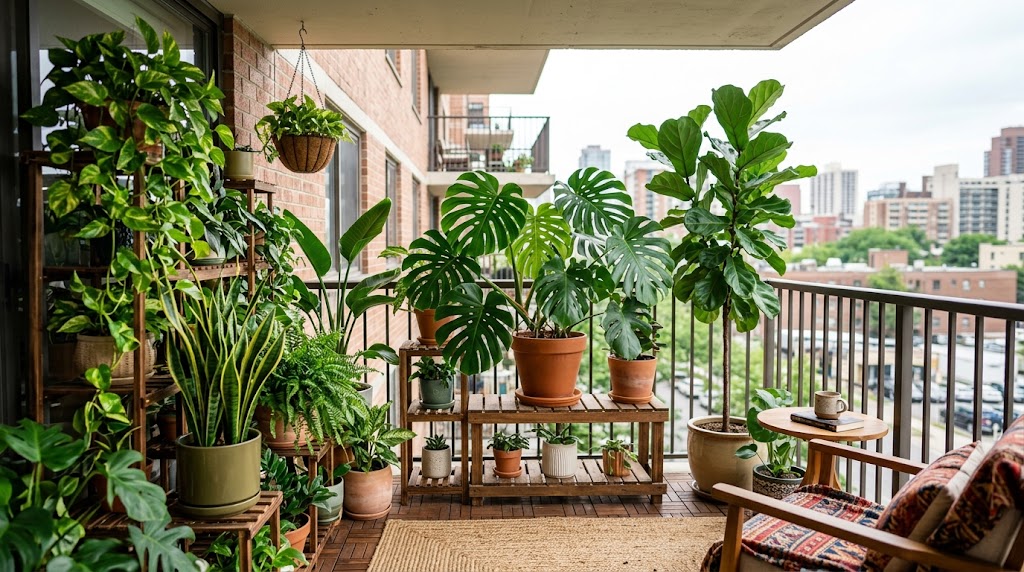 Tropical indoor plants for balconies in summer sitting on a shaded apartment patio
