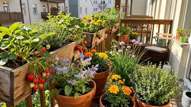 Vibrant potted companion plants for balcony strawberries growing alongside ripe red berries in patio containers