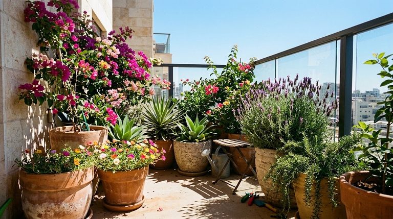 Vibrant potted drought tolerant balcony plants blooming under hot direct sunlight on an apartment patio
