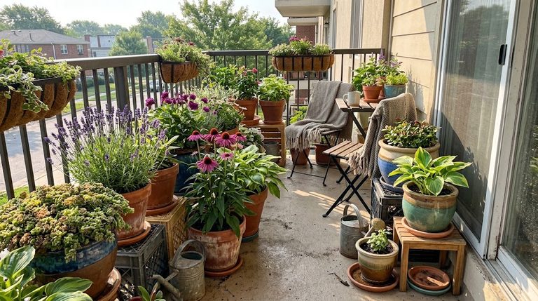 Vibrant potted perennial plants for balcony gardens blooming on an apartment patio