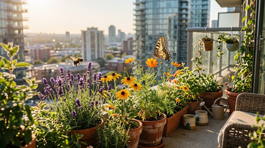 Vibrant potted pollinator plants for apartment balconies attracting bumblebees and butterflies to a patio container garden